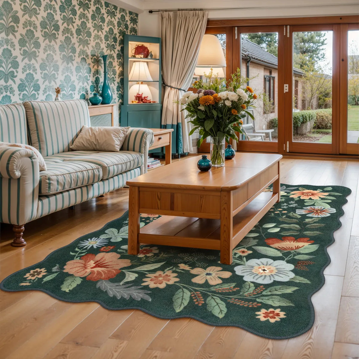 Flore Washable Boho Modern Parisian Floral Scalloped Dark Green Rug Area Rugs Lahome
