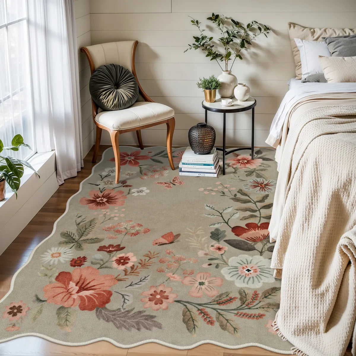 Flore Washable Boho Modern Parisian Floral Scalloped Brown Rug Area Rugs Lahome 4' x 6'