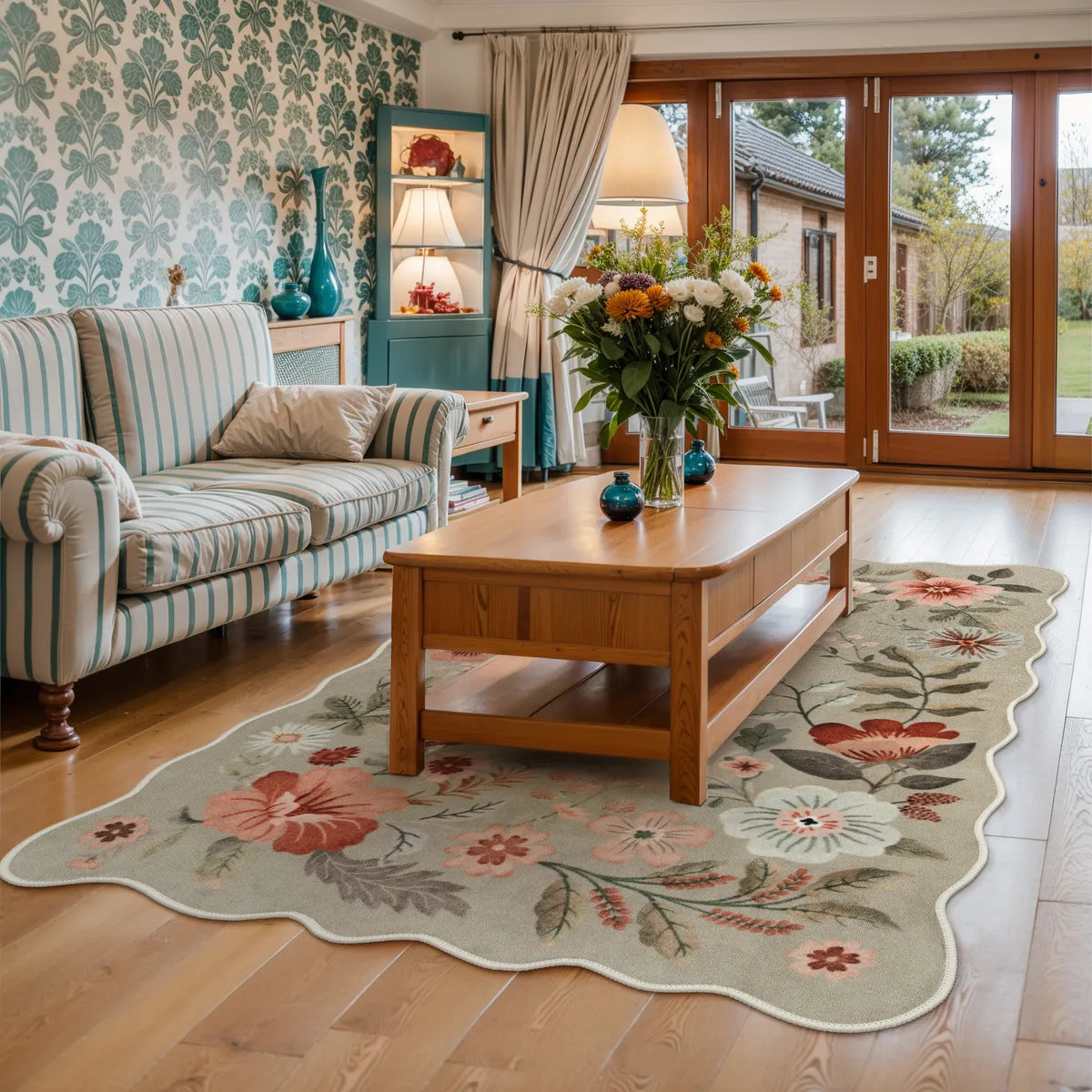 Flore Washable Boho Modern Parisian Floral Scalloped Brown Rug Area Rugs Lahome