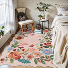 Flore Washable Boho Modern Parisian Floral Scalloped Light Pink Rug Area Rugs Lahome