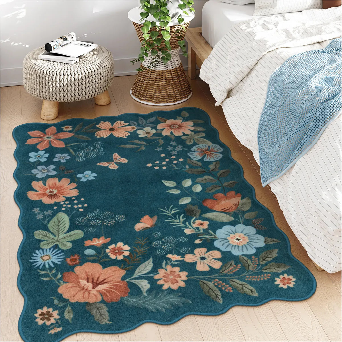Flore Washable Boho Modern Parisian Floral Scalloped Navy Blue Rug Area Rugs Lahome