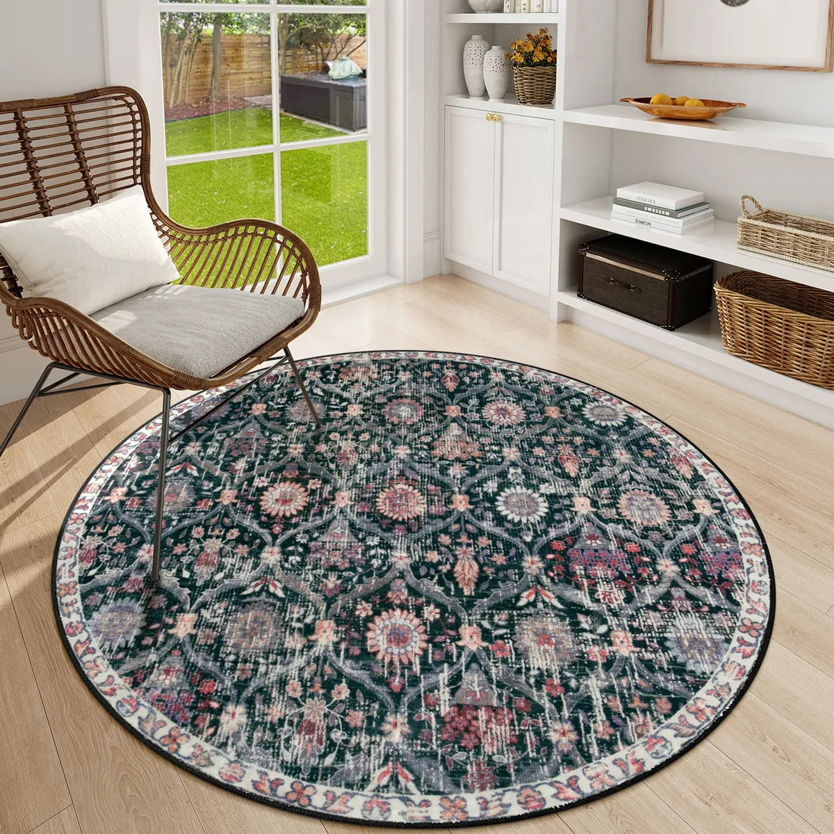 Elise Ultra-thin Transitional Vintage Floral Moroccan Trellis Black Rug