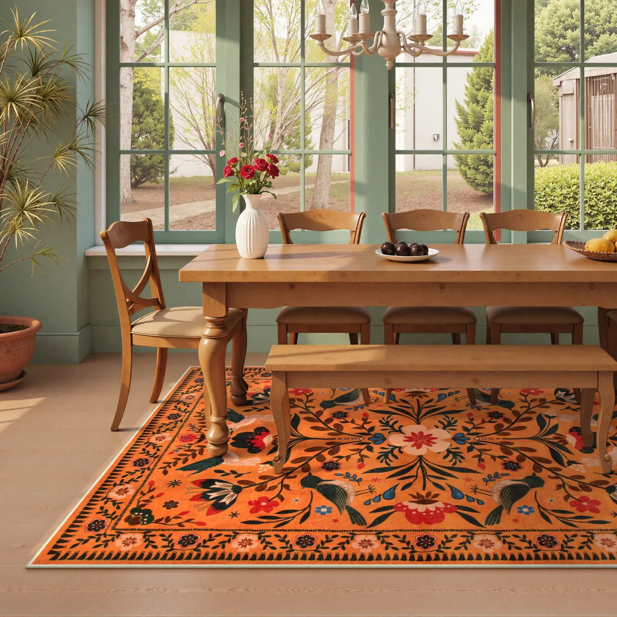Rosalie Washable Boho Birdsong Floral Garden Orange Rug Area Rugs Lahome