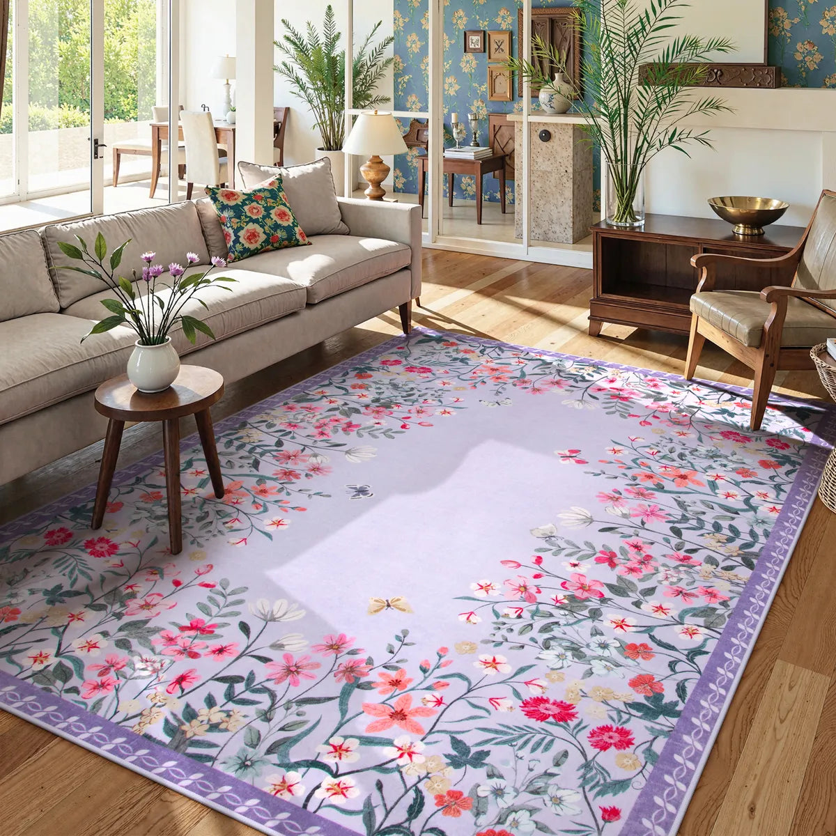 Solene Washable Modern Blooming Floral Garden Purple Rug Area Rugs Lahome 5' x 7'