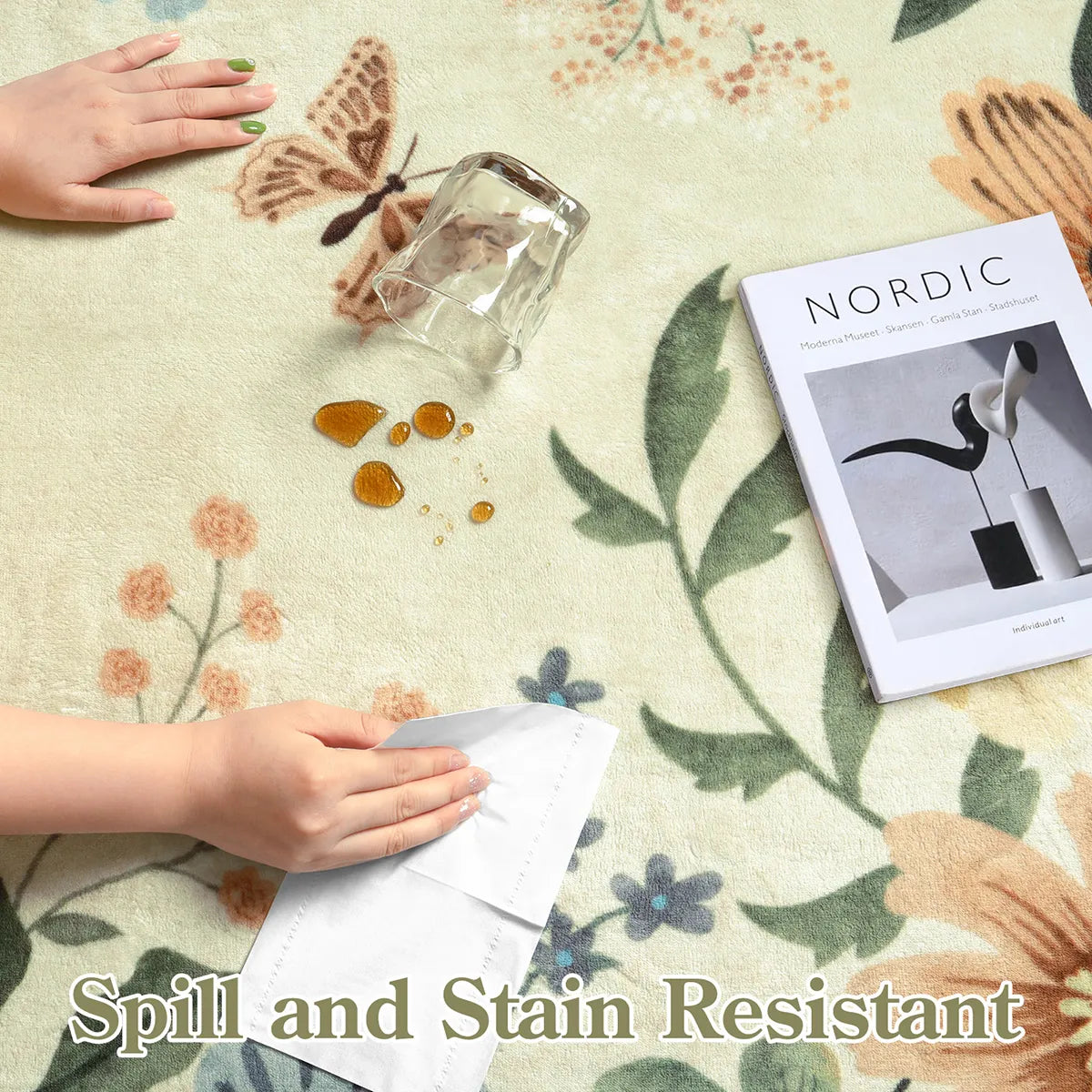 Flore Washable Boho Modern Parisian Floral Scalloped Beige Rug Area Rugs Lahome