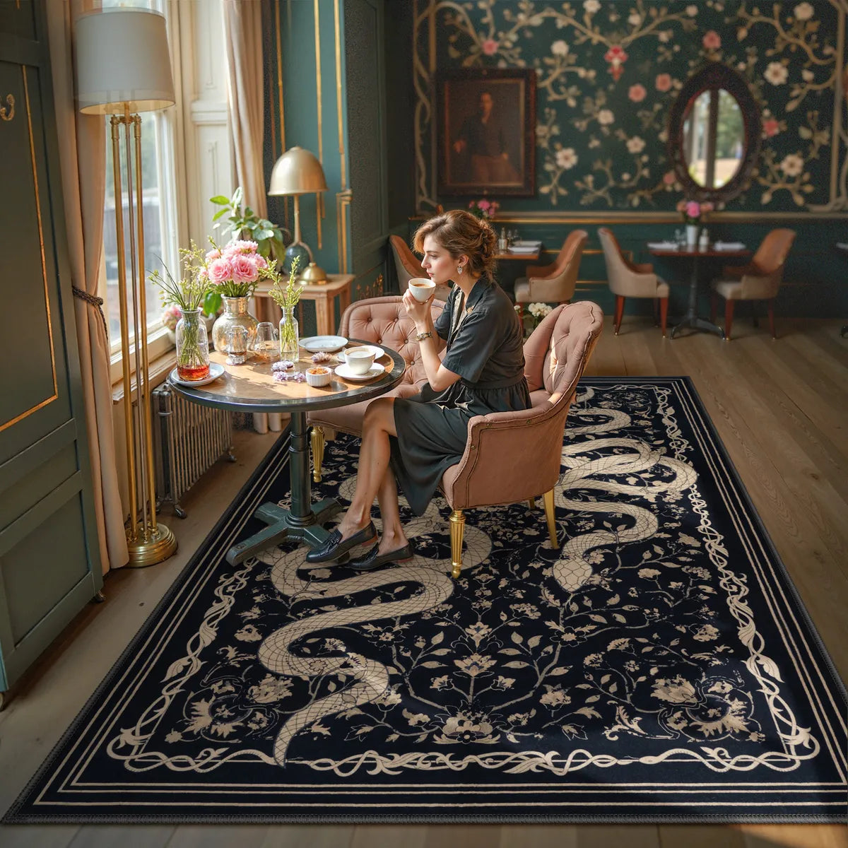 Serpente Washable Mystical Snake Black Rug Area Rugs Lahome