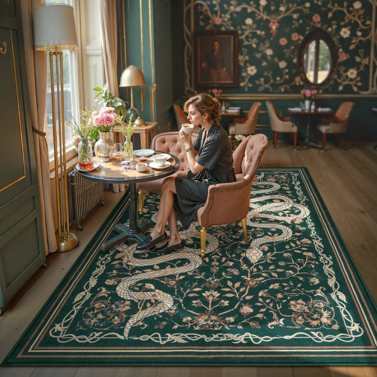 Serpente Washable Mystical Snake Green Rug Area Rugs Lahome