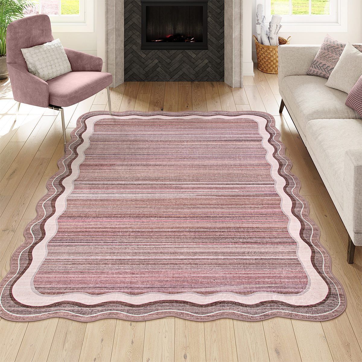 Estelle Washable Modern Abstract Bordered Scalloped Pink Rug Irregular Rugs Lahome 5' x 7'