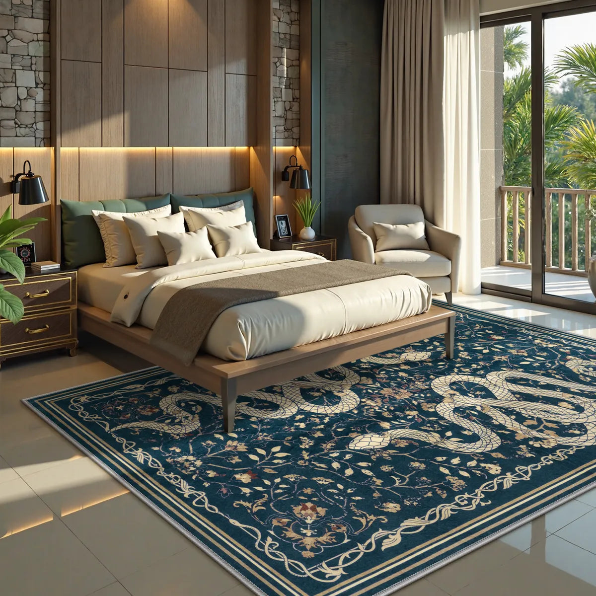 Serpente Washable Mystical Snake Blue Rug Area Rugs Lahome 5' x 7'