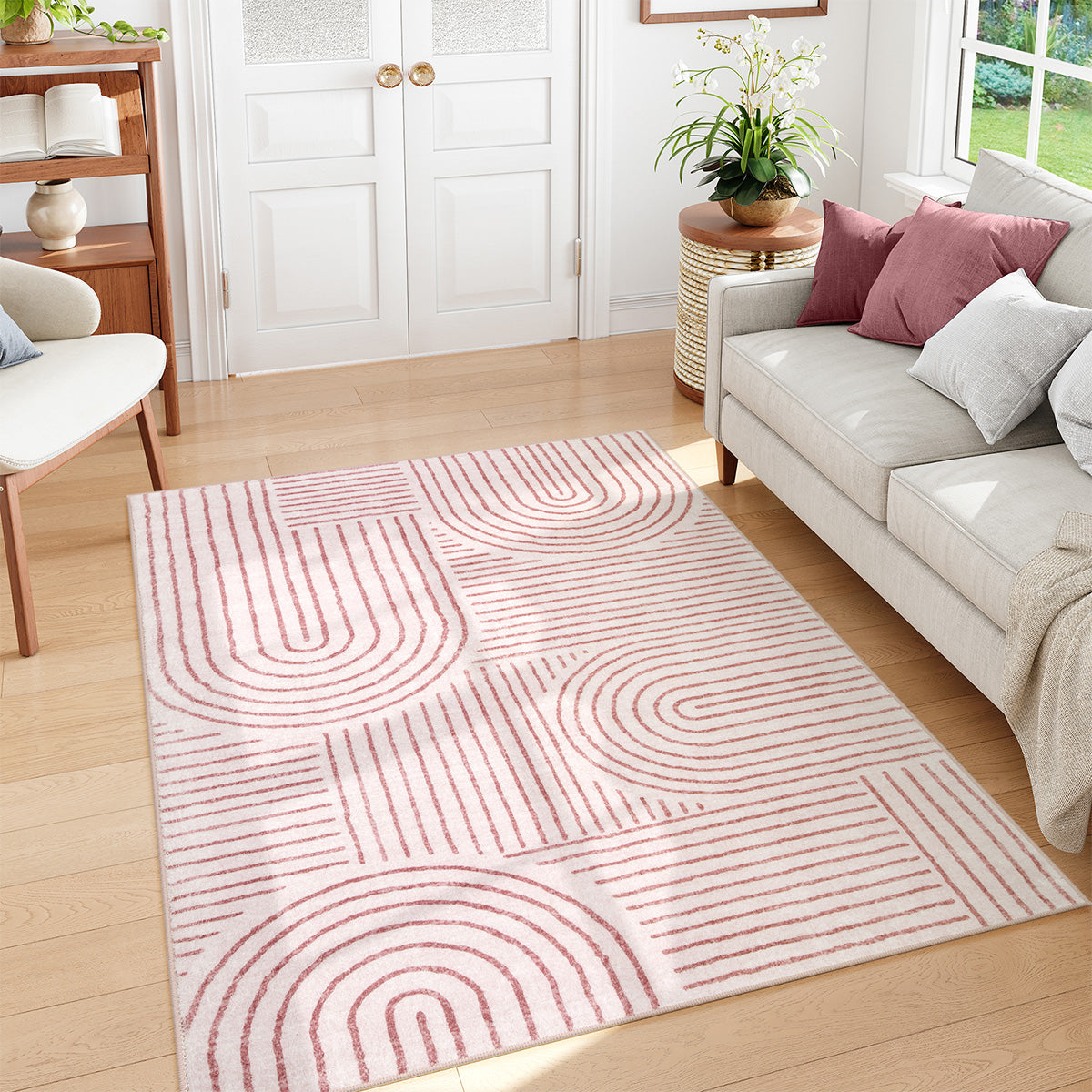 Darrell Washable Abstract Rainbow Stripe Pink/White Rug Clearance Rugs Lahome