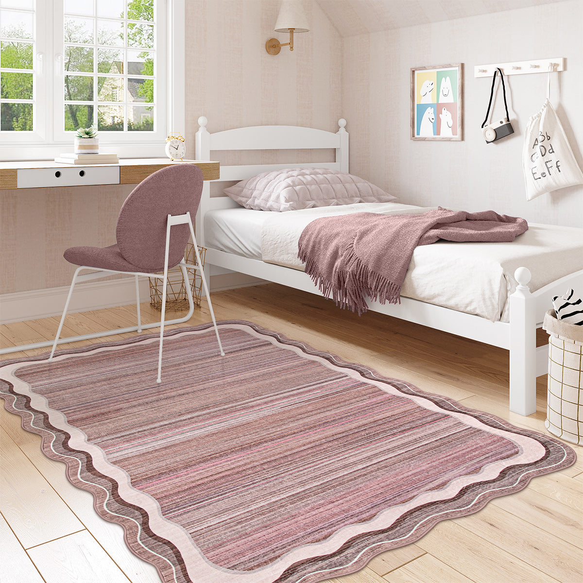 Estelle Washable Modern Abstract Bordered Scalloped Pink Rug Irregular Rugs Lahome