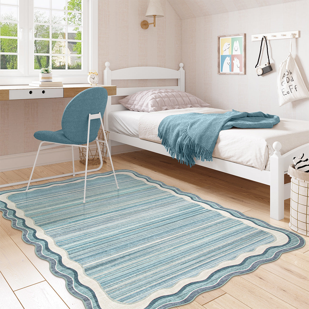 Estelle Washable Modern Abstract Bordered Scalloped Blue Rug Irregular Rugs Lahome