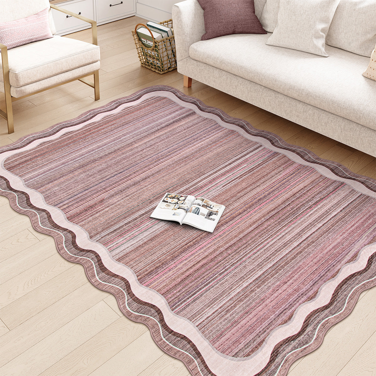 Estelle Washable Modern Abstract Bordered Scalloped Pink Rug Irregular Rugs Lahome