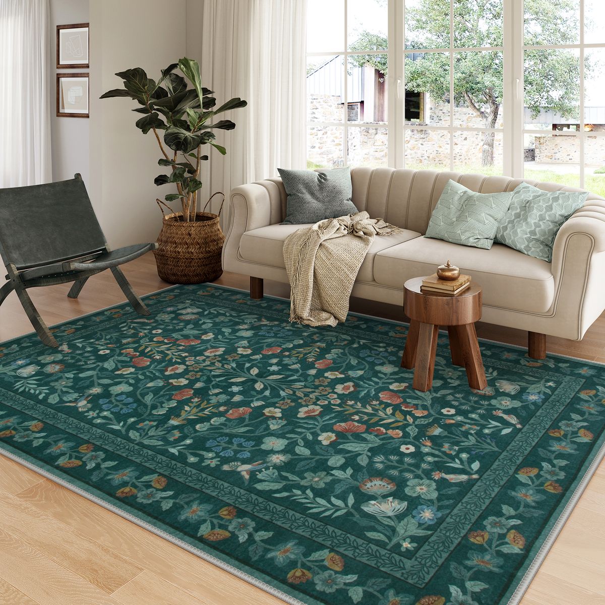 Celeste Washable Vintage Floral Green Area Rug Area Rugs Lahome