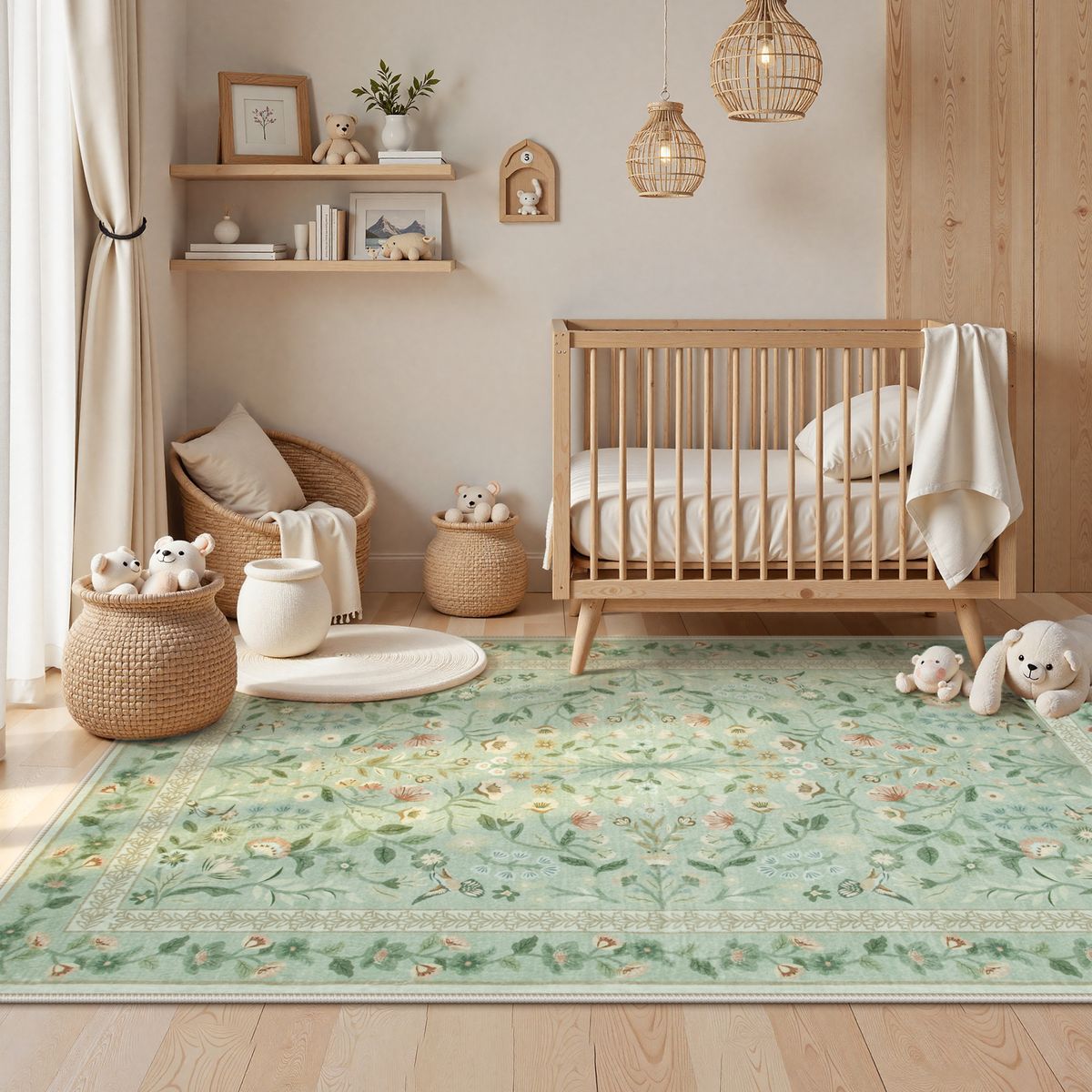 Celeste Washable Vintage Floral Light Green Area Rug Area Rugs Lahome