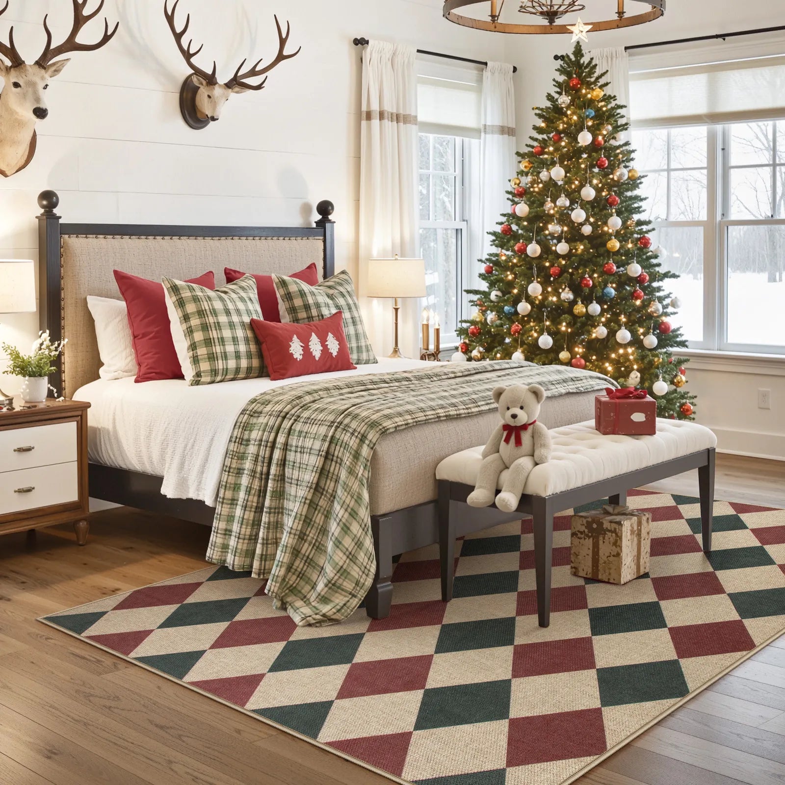 Coline Christmas Diamond Checkered Easy Jute Red&Green Rug Easy Jute Rug Lahome