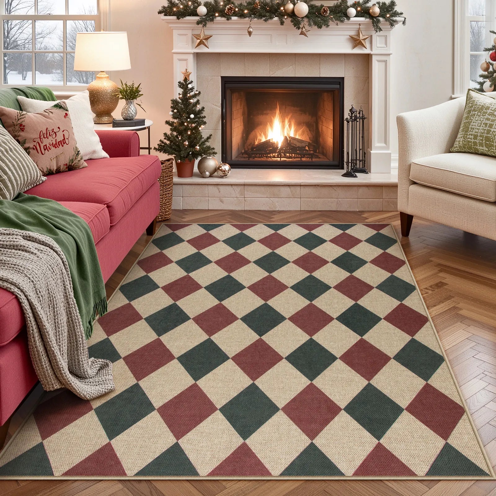 Coline Christmas Diamond Checkered Easy Jute Red&Green Rug Easy Jute Rug Lahome 5' x 7'