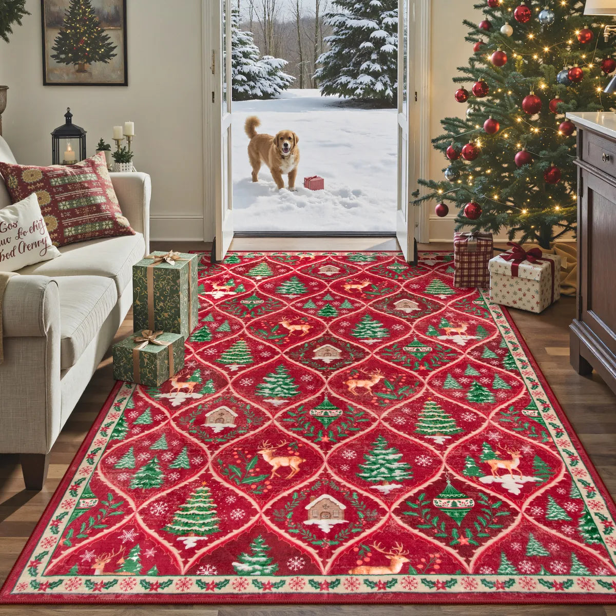 Glace Christmas Washable Tree and Reindeer Red Rug Area Rugs Lahome