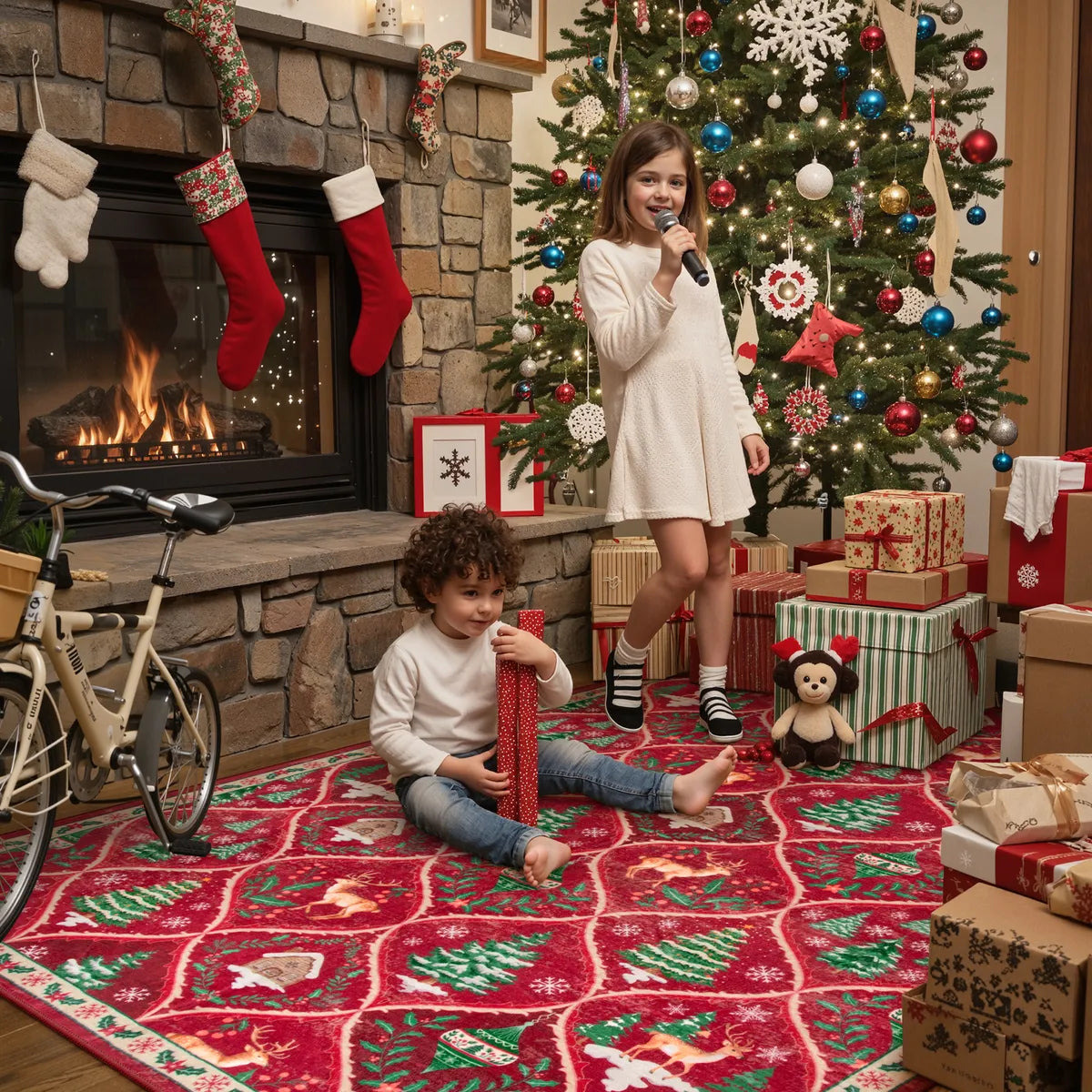 Glace Christmas Washable Tree and Reindeer Red Rug Area Rugs Lahome