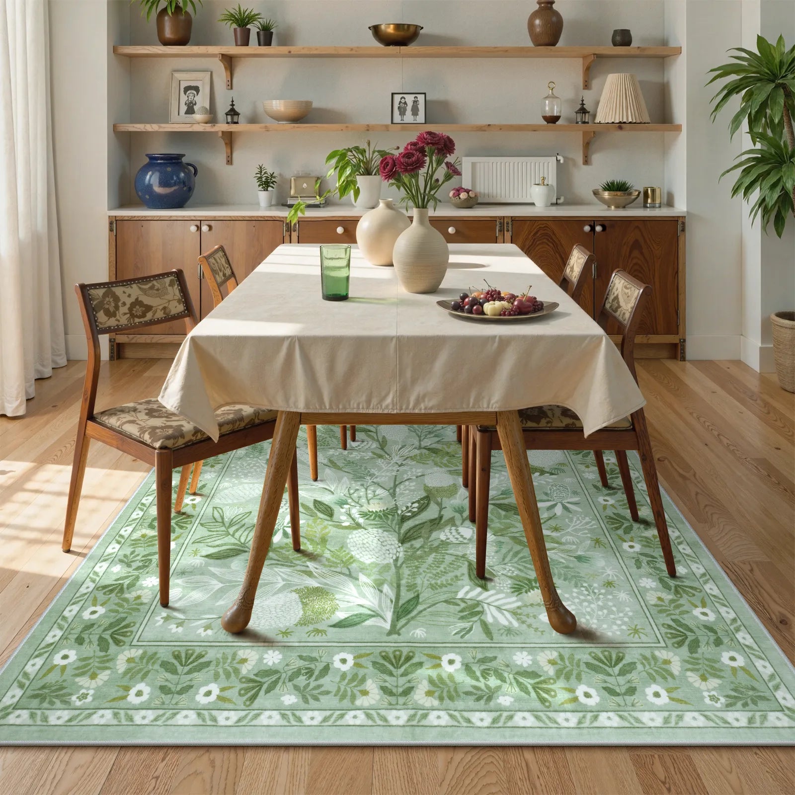 Alma Washable Modern Natural Botanical Floral Light Green Rug Area Rugs Lahome