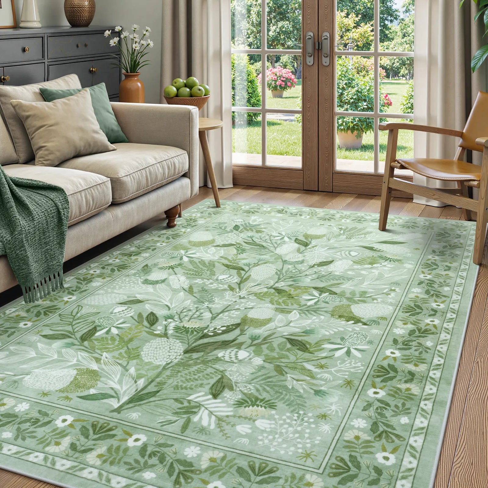 Alma Washable Modern Natural Botanical Floral Light Green Rug Area Rugs Lahome 5' x 7'