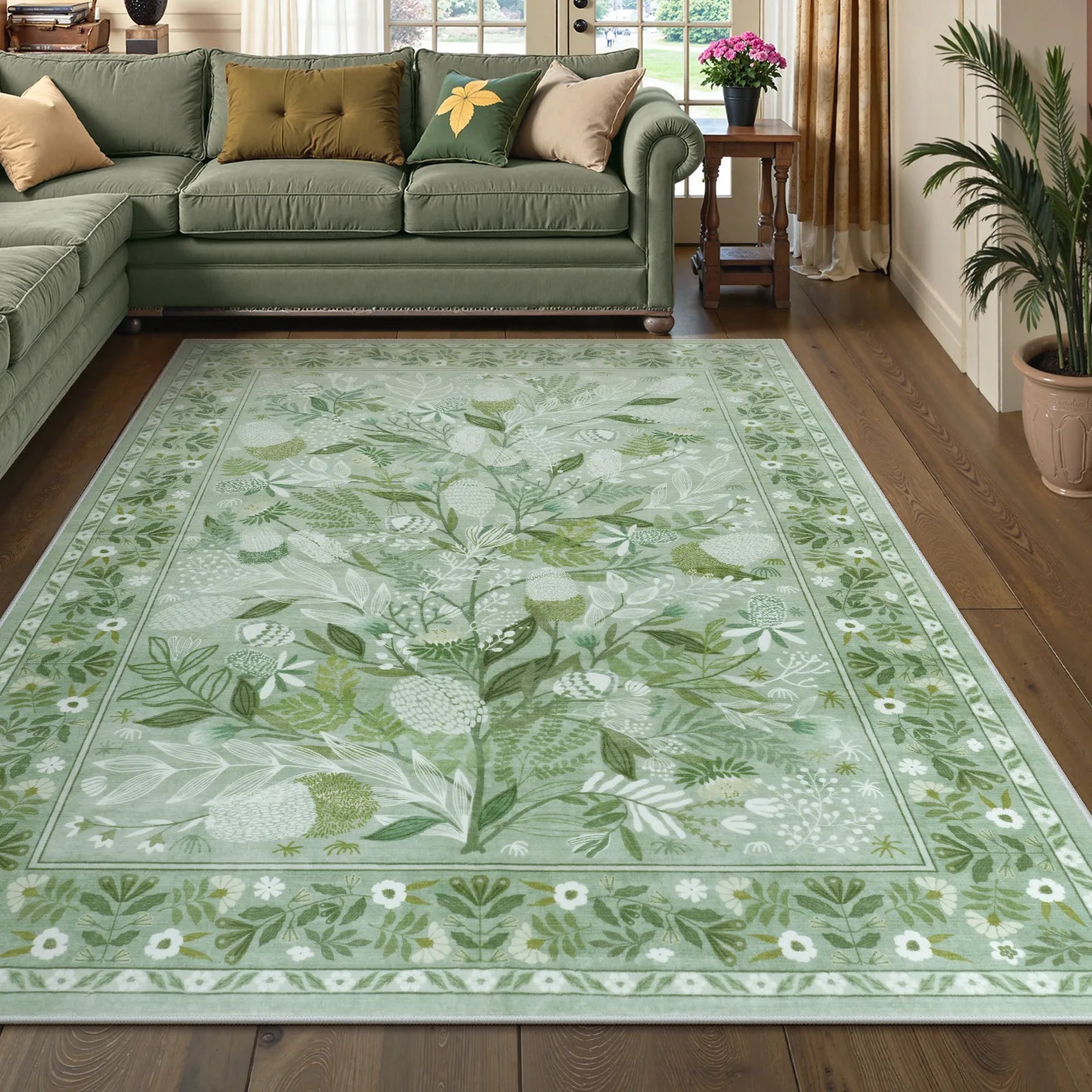 Alma Washable Modern Natural Botanical Floral Light Green Rug Area Rugs Lahome