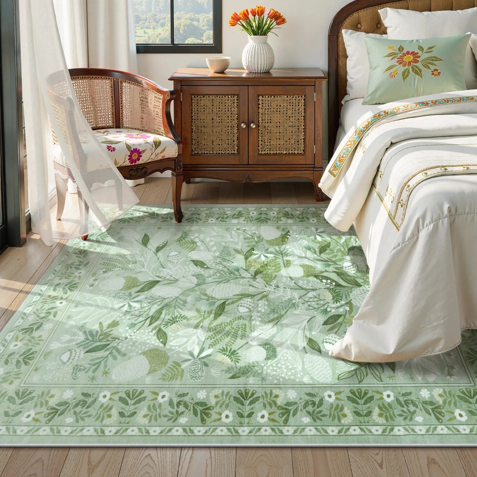 Alma Washable Modern Natural Botanical Floral Light Green Rug Area Rugs Lahome