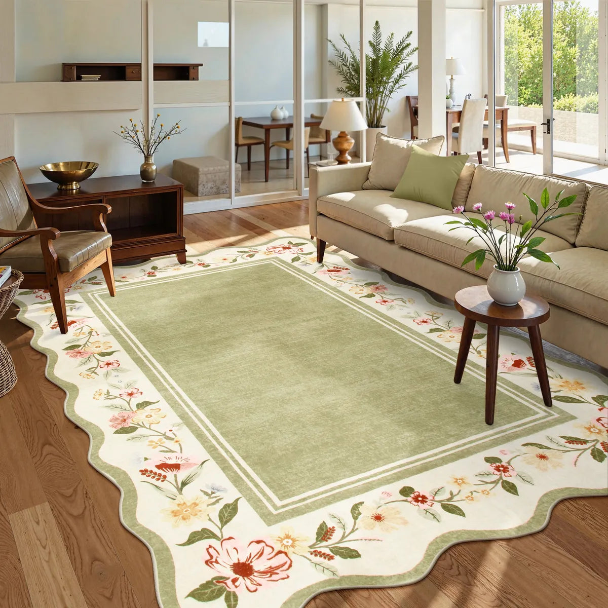 Ariele Washable Vintage Floral Scalloped Sage Green Rug Area Rugs Lahome 5' x 7'