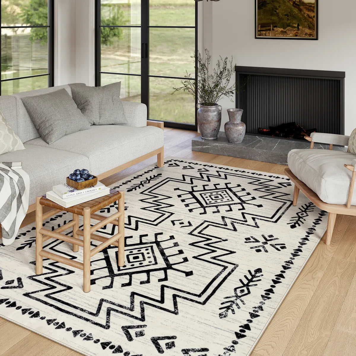 Vivienne Washable Aztec Moroccan Distressed Beige Rug Area Rugs Lahome 5' x 7'