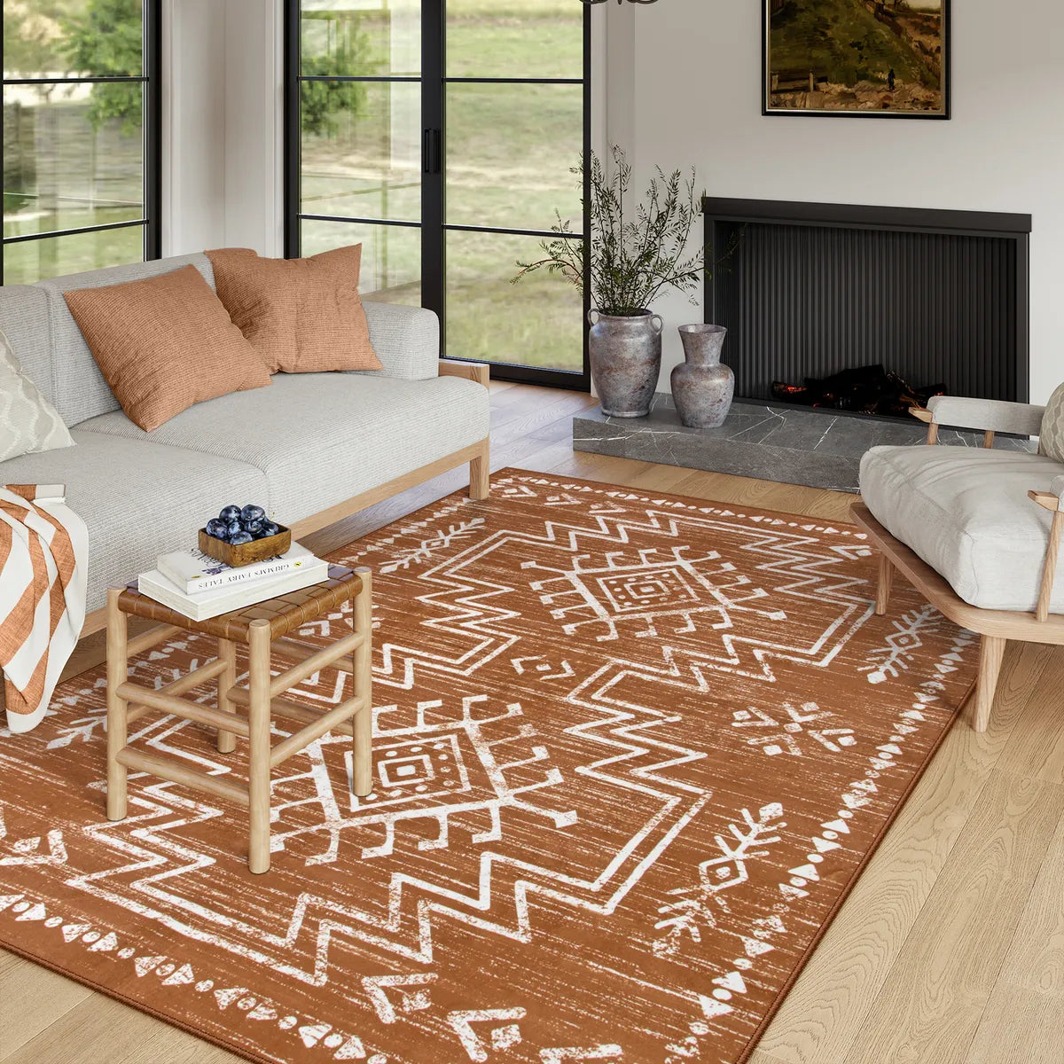 Vivienne Washable Aztec Moroccan Distressed Orange Rug Area Rugs Lahome 5' x 7'