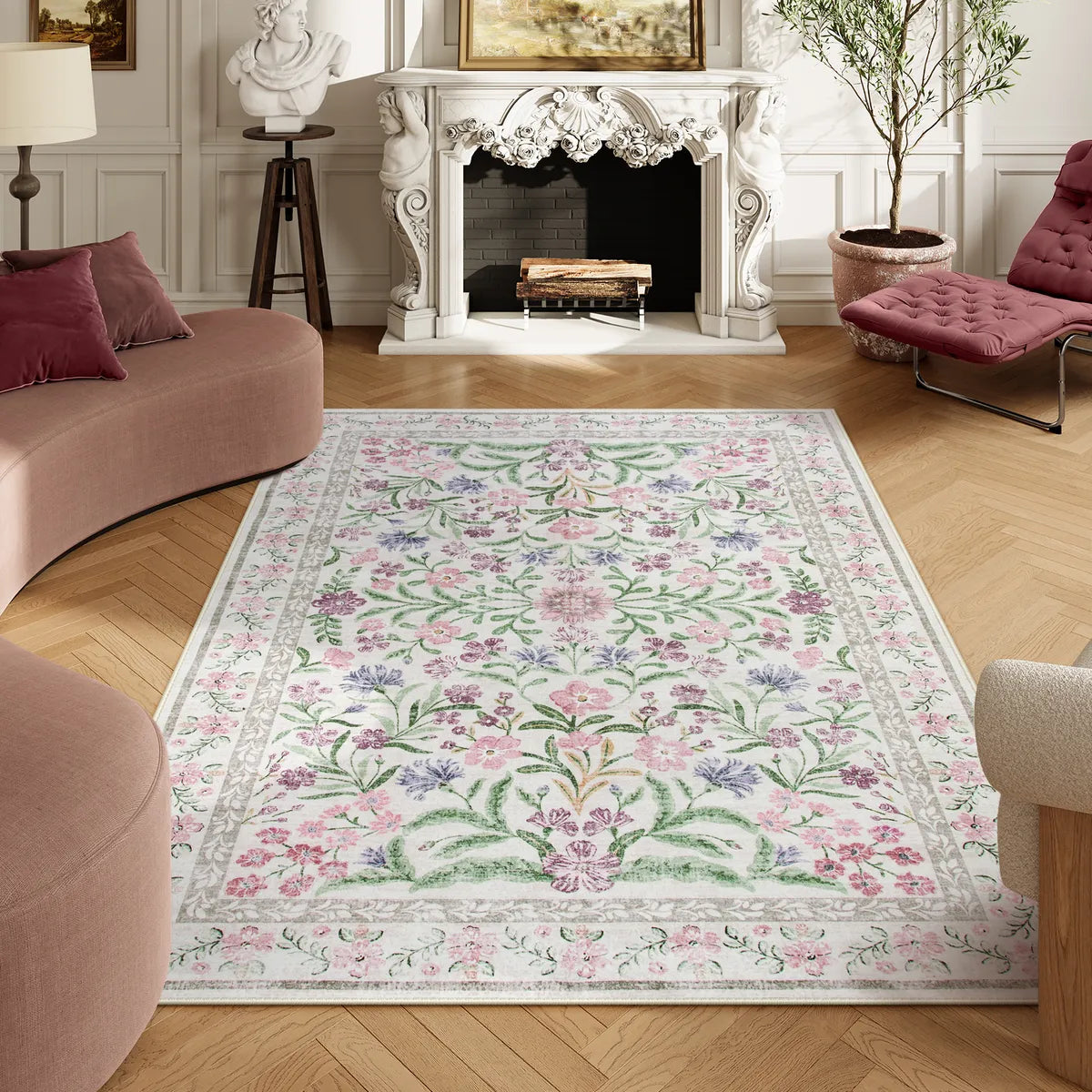 Sylvie Washable Boho Modern Parisian Garden Floral Purple Rug Area Rugs Lahome