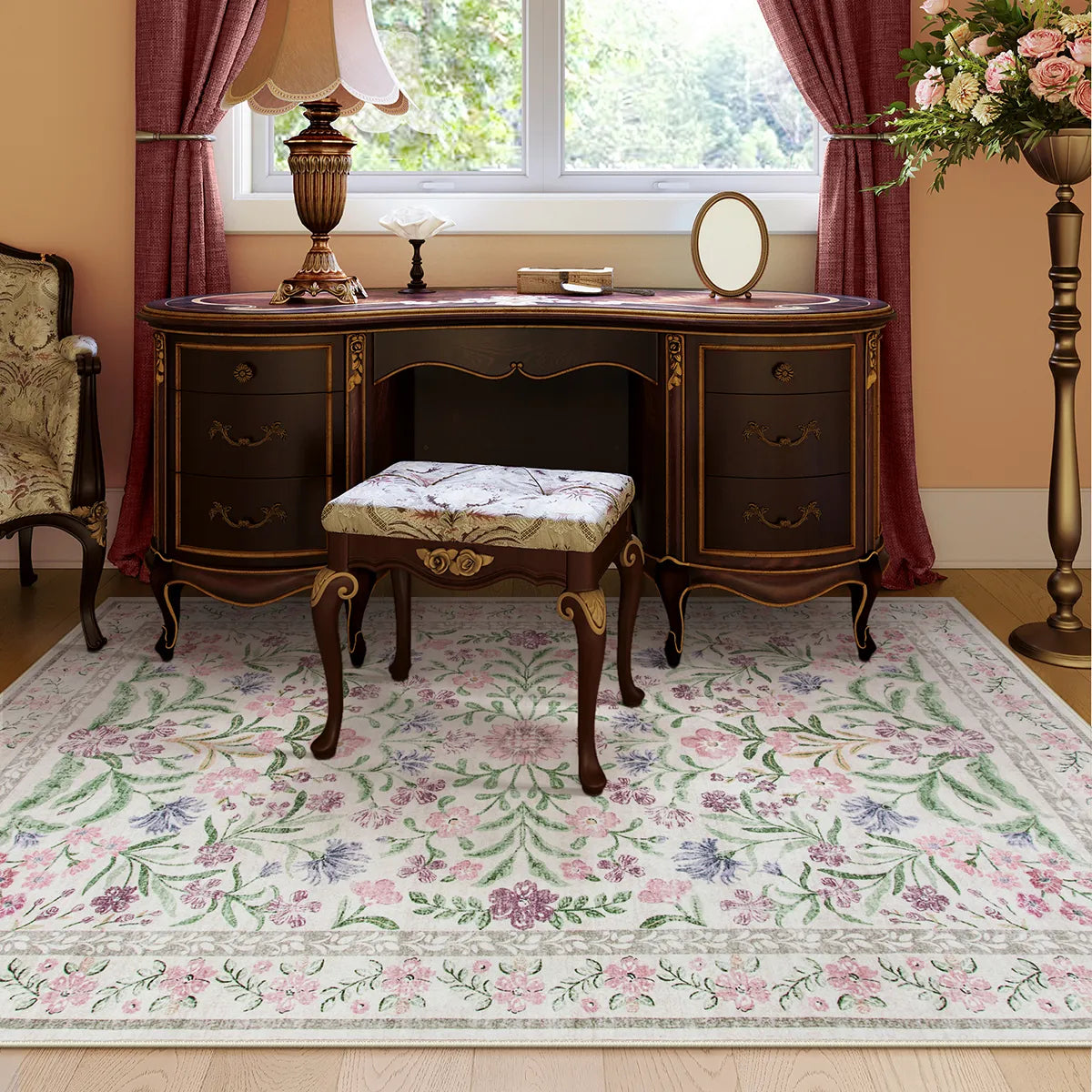 Sylvie Washable Boho Modern Parisian Garden Floral Purple Rug Area Rugs Lahome 5' x 7'