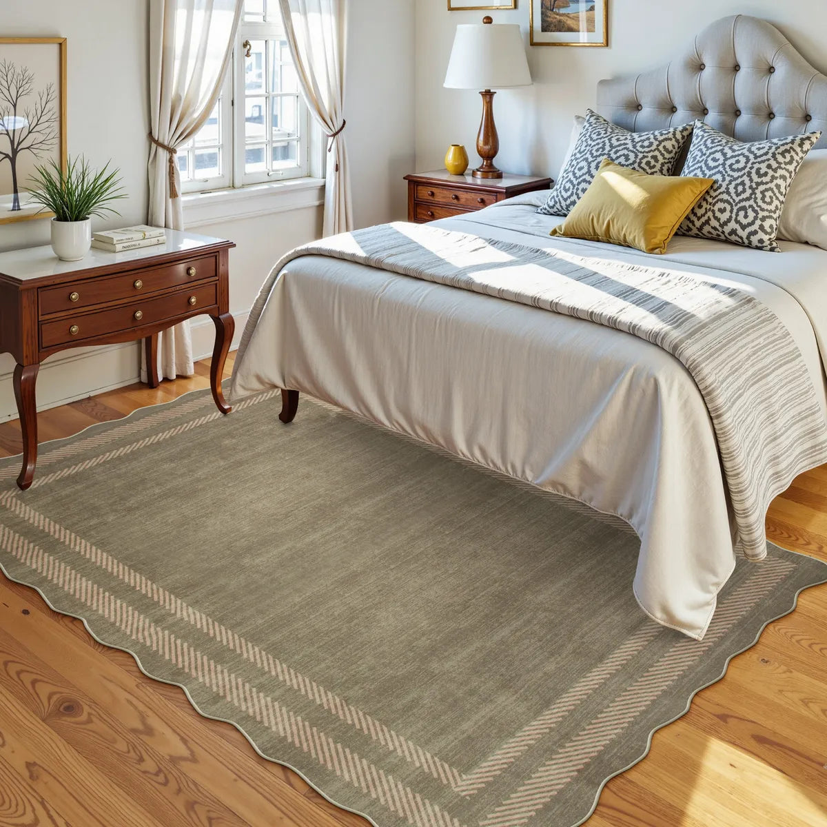 Brise Washable Farmhouse Scalloped Olive Green Area Rug Rugs Lahome