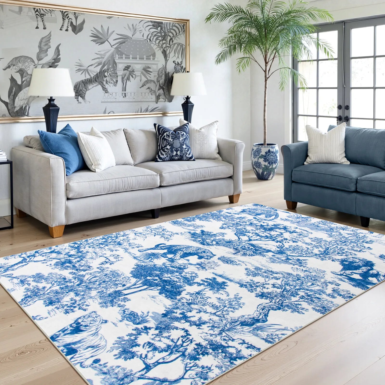 Brume Washable Vintage Toile Tiger Blue Rug Area Rugs Lahome
