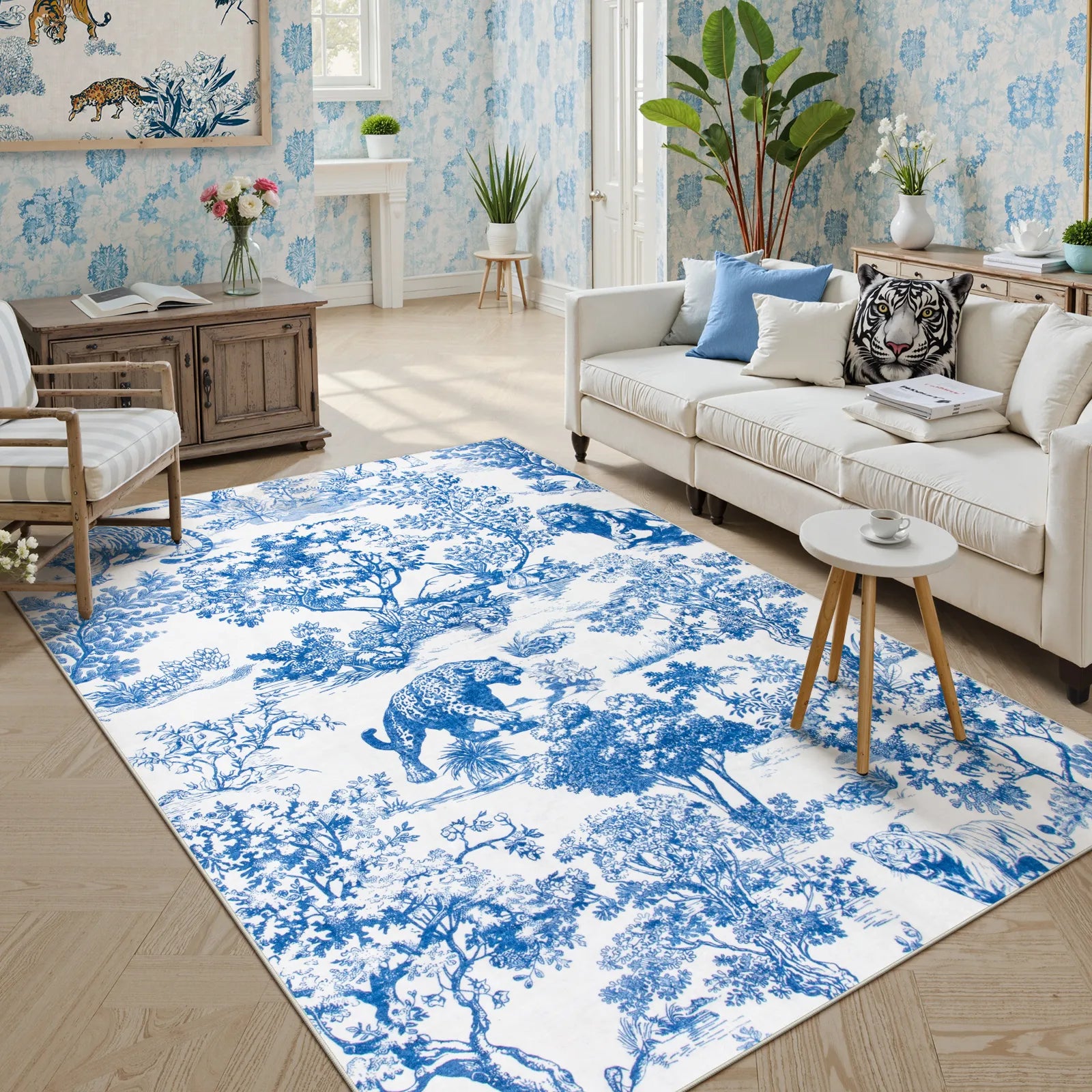 Brume Washable Vintage Toile Tiger Blue Rug Area Rugs Lahome 5' x 7'