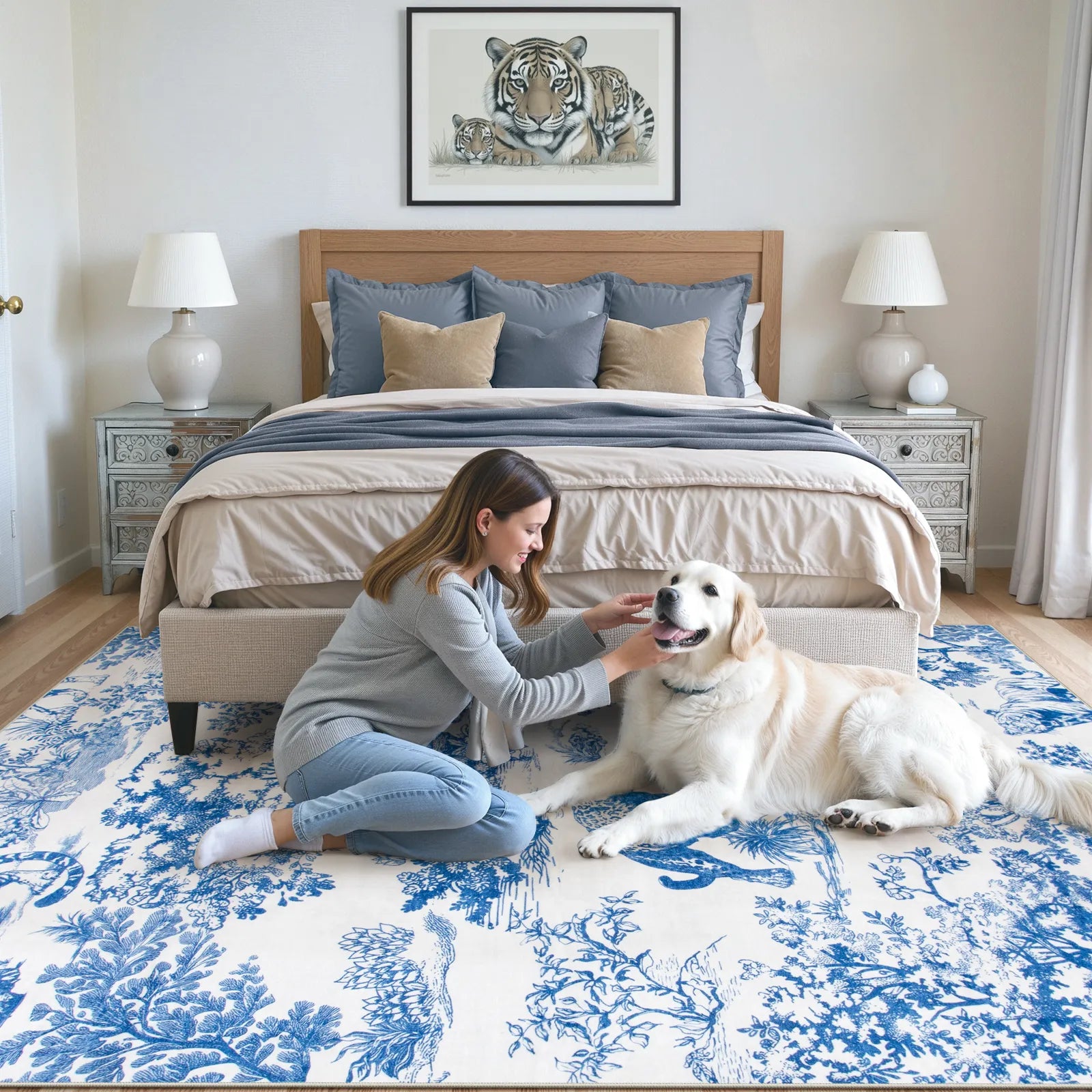 Brume Washable Vintage Toile Tiger Blue Rug Area Rugs Lahome