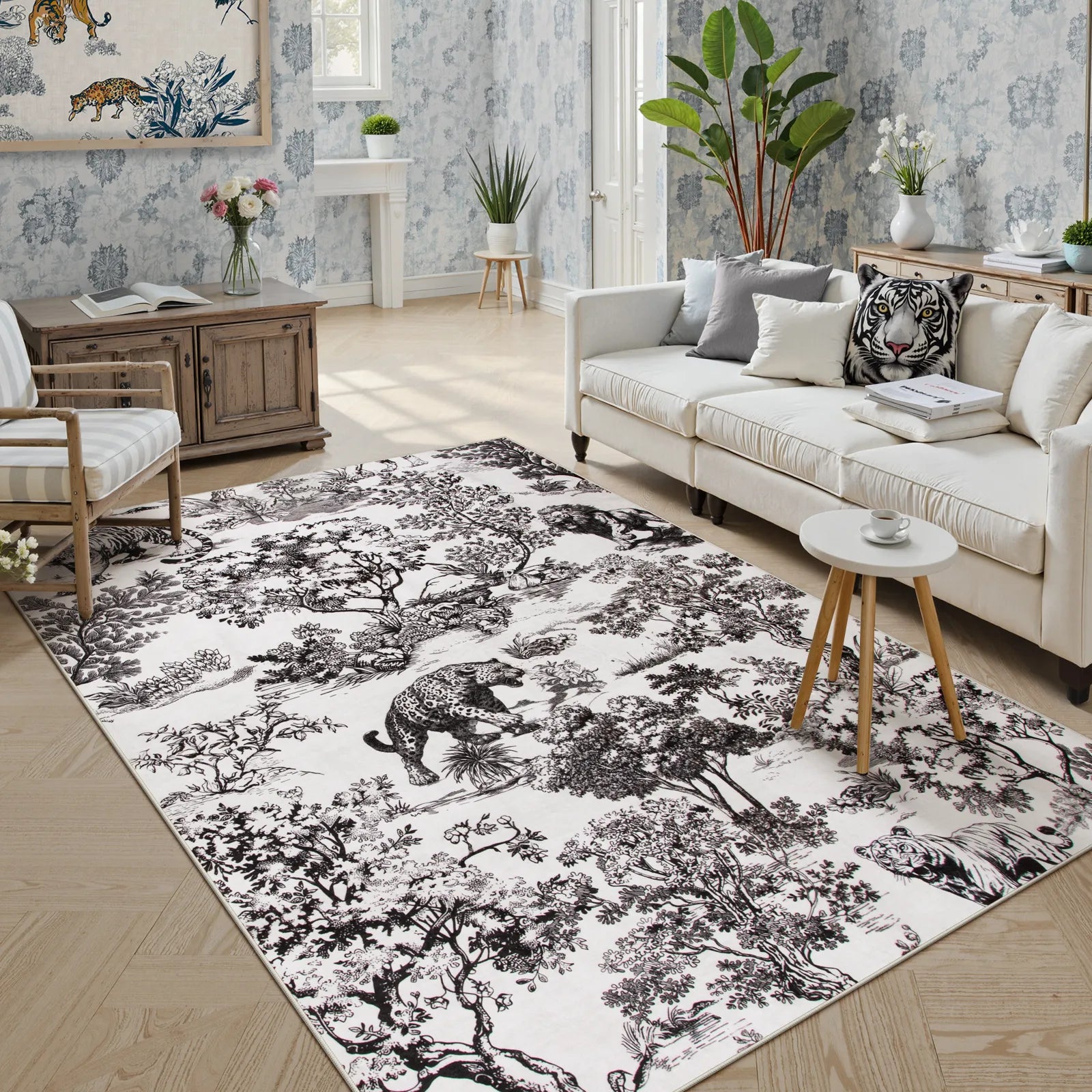 Brume Washable Vintage Toile Tiger Grey Rug Area Rugs Lahome 5' x 7'