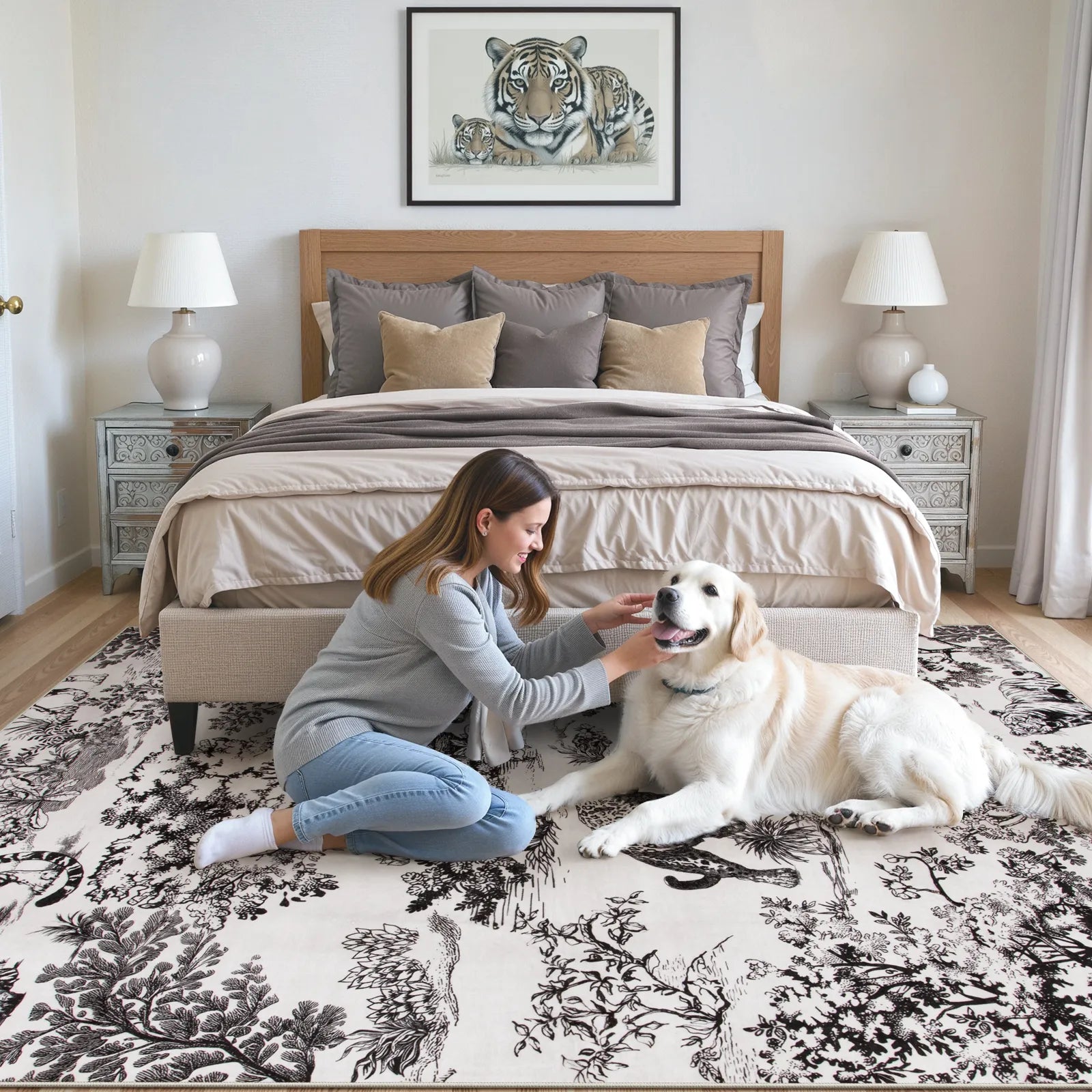 Brume Washable Vintage Toile Tiger Grey Rug Area Rugs Lahome