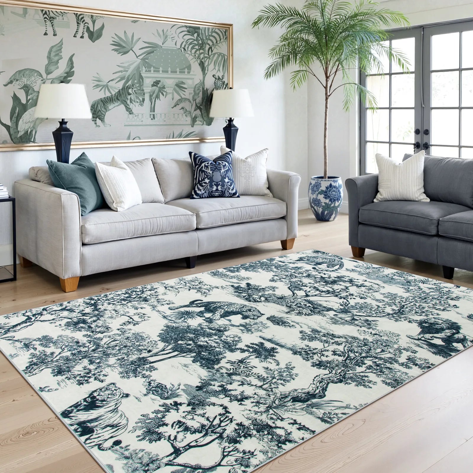 Brume Washable Vintage Toile Tiger Navy Blue Rug Area Rugs Lahome