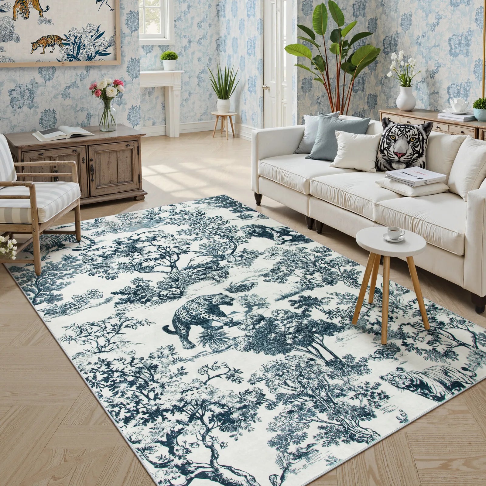 Brume Washable Vintage Toile Tiger Navy Blue Rug Area Rugs Lahome 5' x 7'