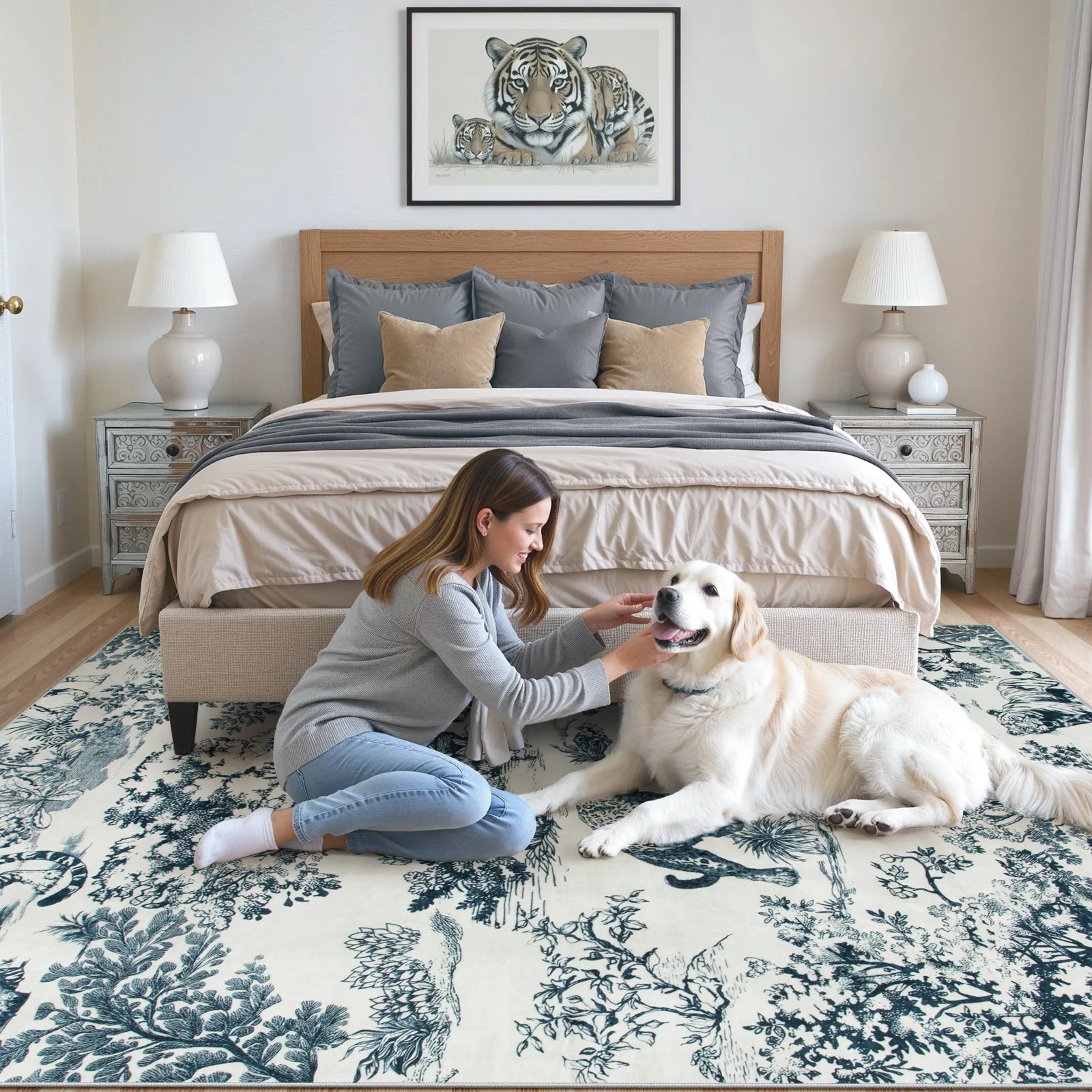 Brume Washable Vintage Toile Tiger Navy Blue Rug Area Rugs Lahome