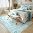 Cachet Washable Boho Oushak Floral Teal Rug Rugs Lahome