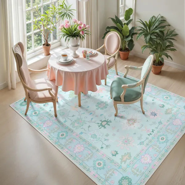 Cachet Washable Boho Oushak Floral Teal Rug Rugs Lahome