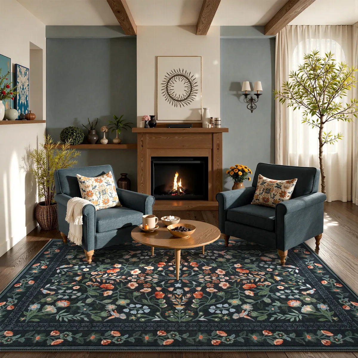 Celeste Washable Vintage Floral Black Area Rug Area Rugs Lahome