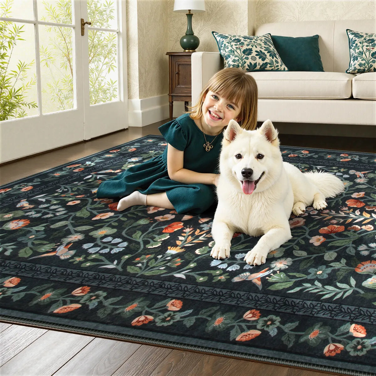Celeste Washable Vintage Floral Black Area Rug Area Rugs Lahome