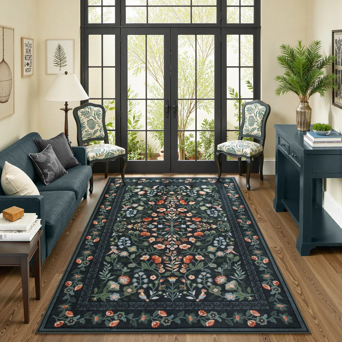 Celeste Washable Vintage Floral Black Area Rug Area Rugs Lahome