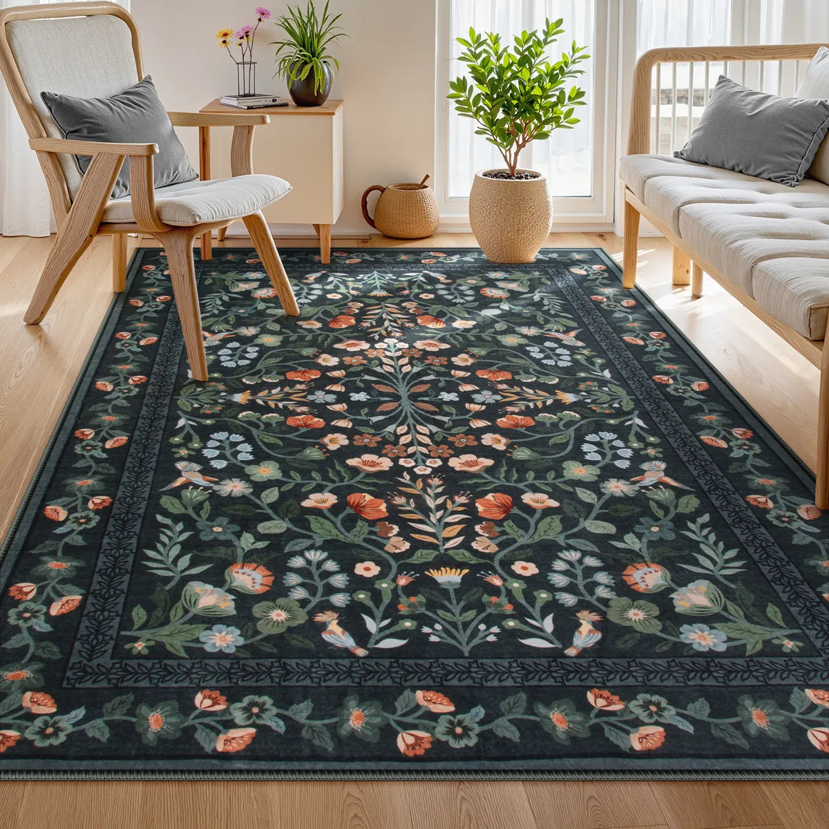 Celeste Washable Vintage Floral Black Area Rug Area Rugs Lahome