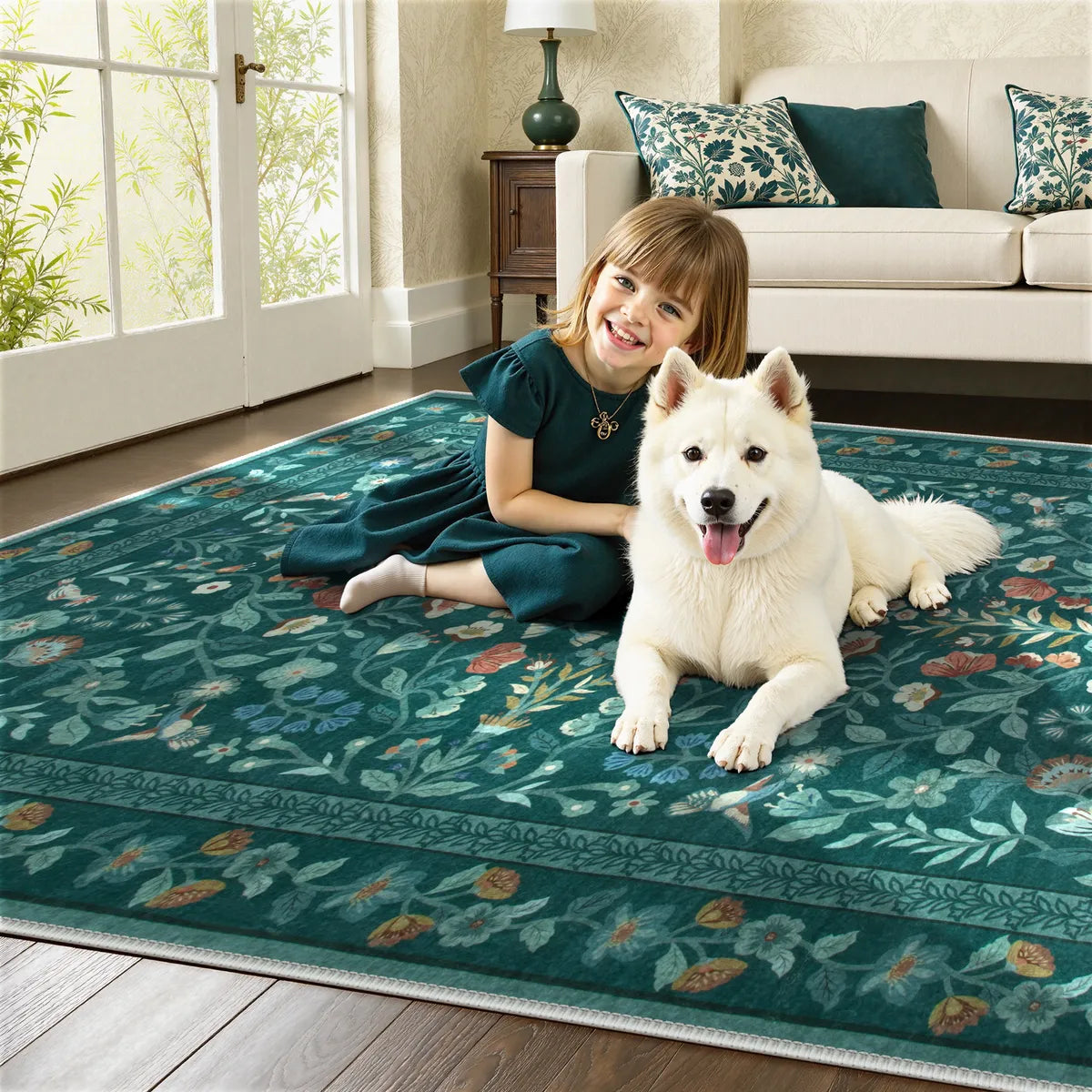Celeste Washable Vintage Floral Green Area Rug Area Rugs Lahome