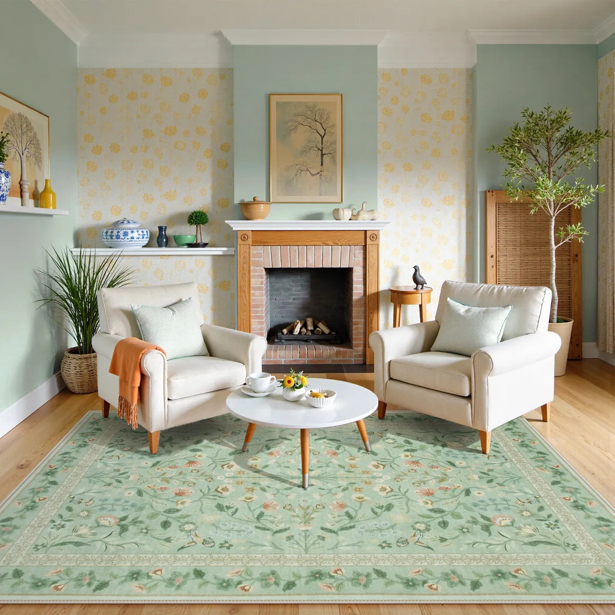 Celeste Washable Vintage Floral Light Green Area Rug Area Rugs Lahome