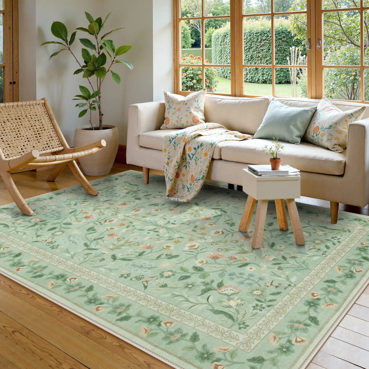 Celeste Washable Vintage Floral Light Green Area Rug Area Rugs Lahome